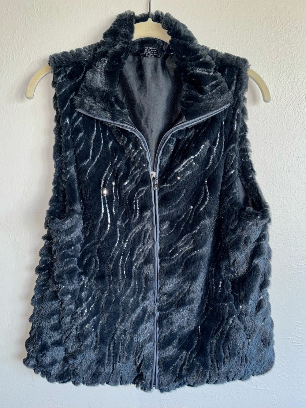 SM New York Grey Faux Fur Vest with sequin accents